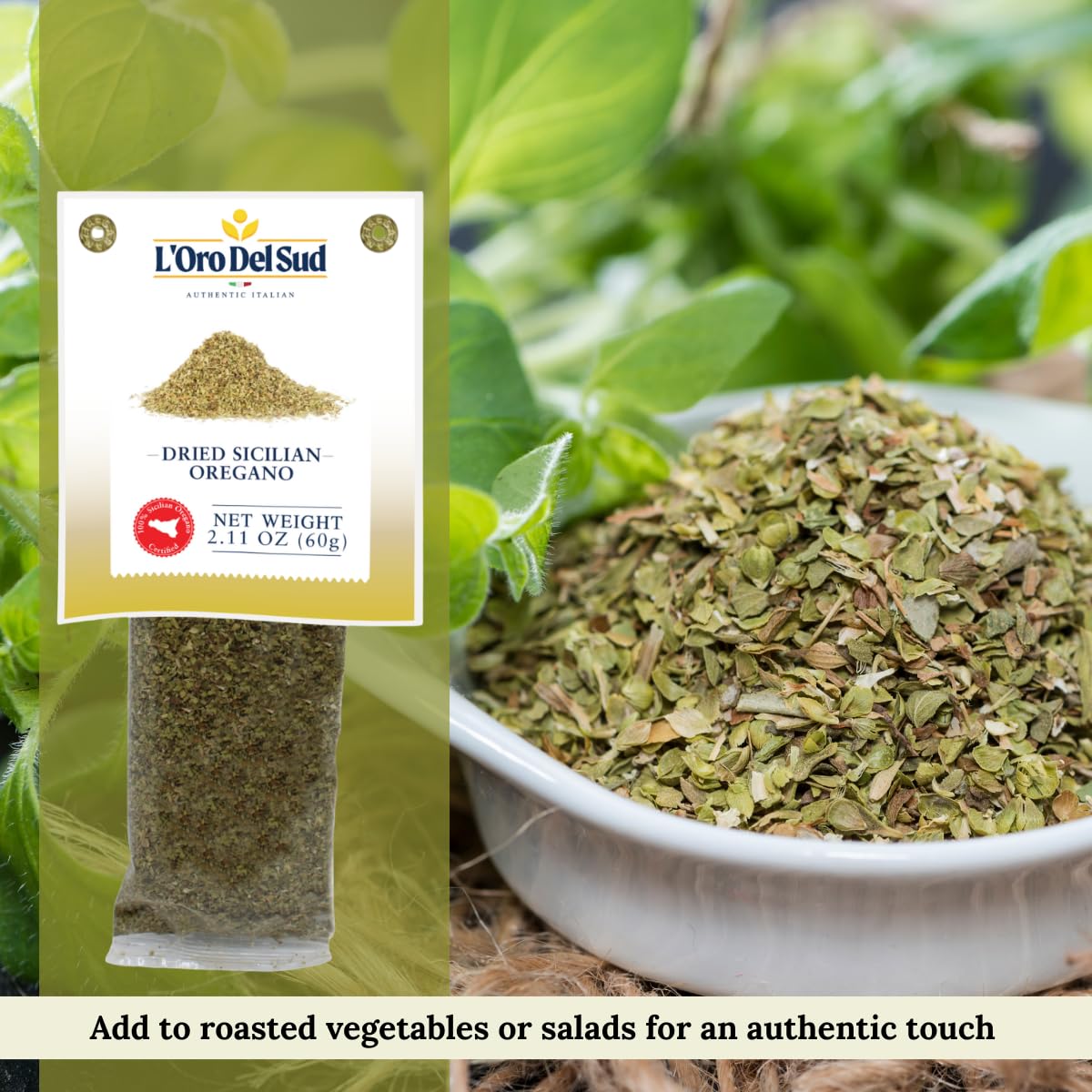 L’Oro Del Sud dried Sicilian oregano 2.11oz (60g) – authentic Italian herb, perfect for roasted vegetables, salads, pasta, and pizza.