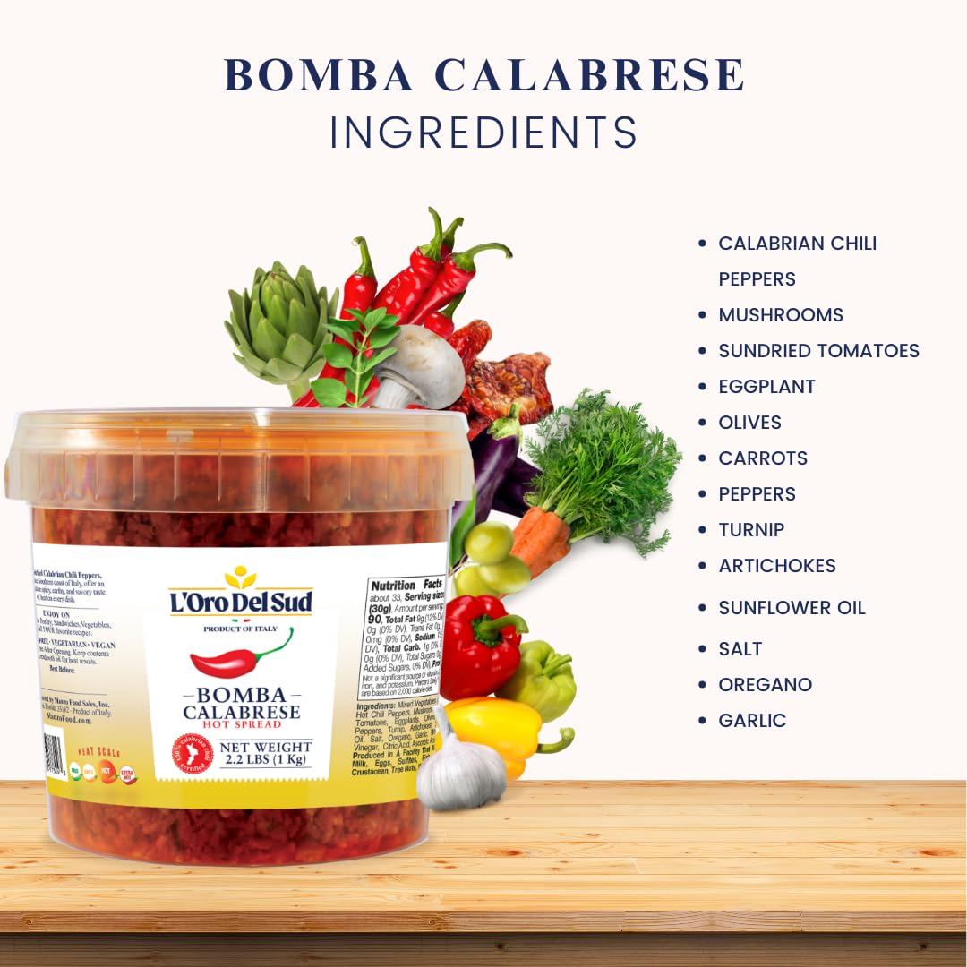 Bomba Calabrese ingredients list with a container of the product on a wooden surface