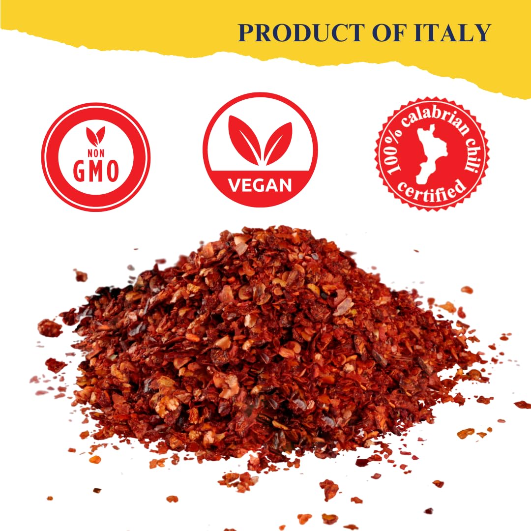 Red chili powder with 'Product of Italy' label, GMO, Vegan, and Calabrian Chili certified logos on a white background.