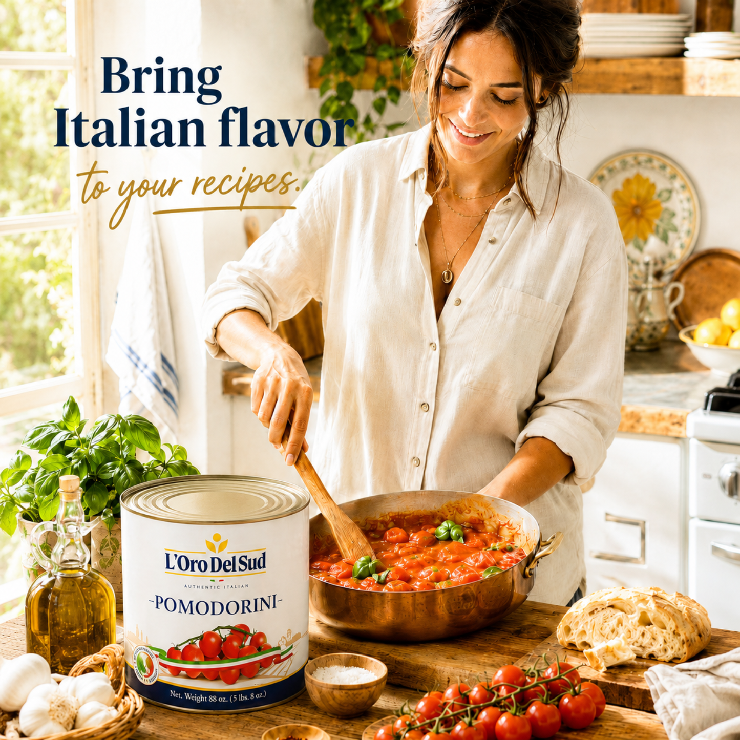 Woman cooking in a kitchen with L'Oro Del Sud Pomodorini can and fresh tomatoes.