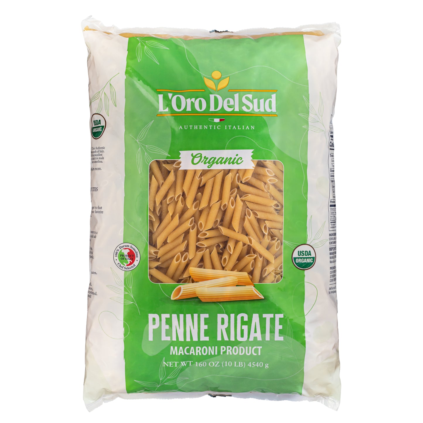 A package of L'Oro Del Sud Organic Penne Rigate Pasta. The packaging is predominantly green with an image of the pasta visible through a transparent window.