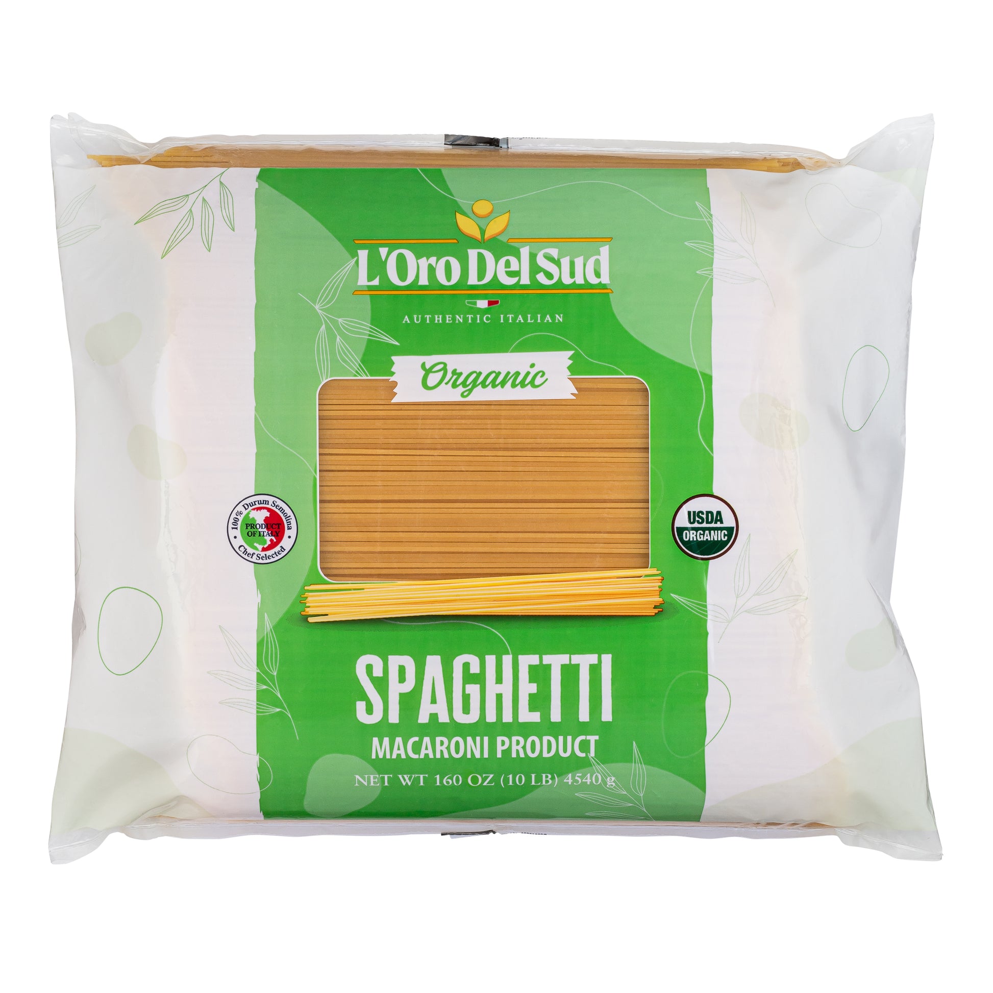 A package of L'Oro Del Sud Organic Spaghetti Pasta, showing a transparent window with spaghetti pasta visible inside the bag. The packaging is white with green accents and the product is labeled as organic.