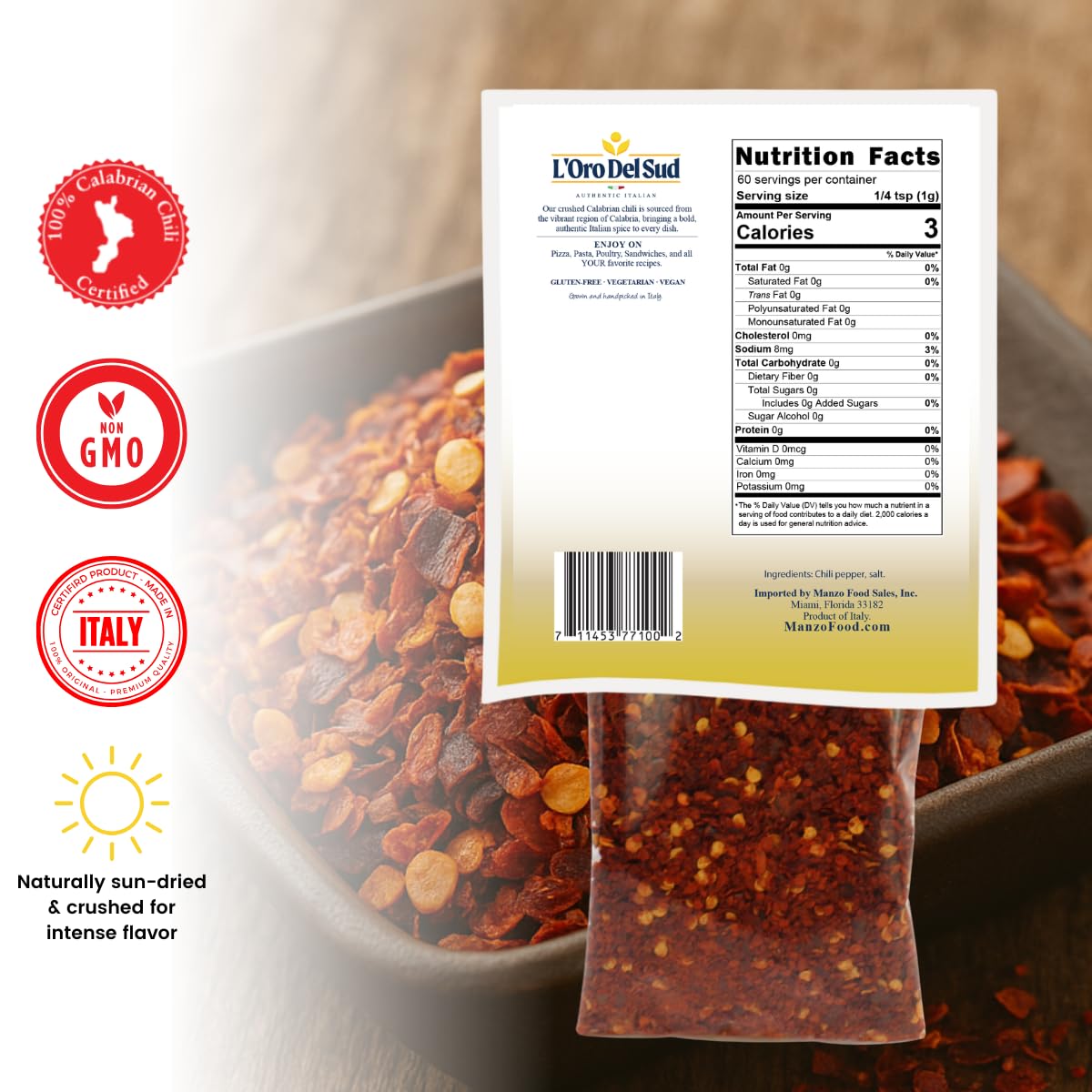 Spice package with nutrition facts label and certification logos on a blurred background