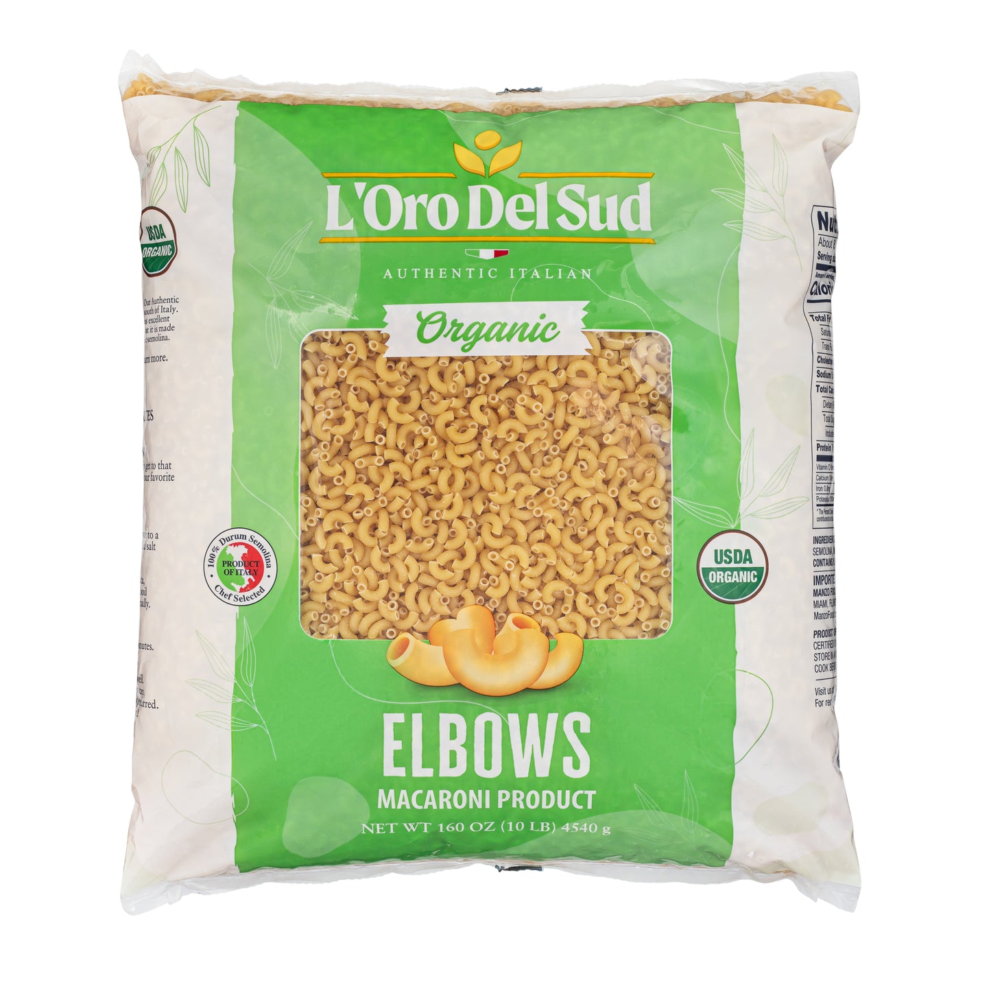 A package of L'Oro del Sud Organic Elbows Macaroni Product. The packaging is predominantly green with a clear window showing the pasta inside.