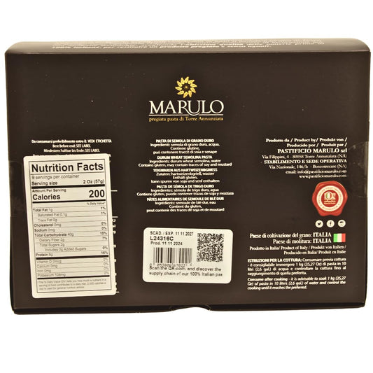 Marulo Paccheri homemade artisan pasta, 500g. Authentic Italian bronze-cut pasta made from 100% durum wheat semolina, hand-packed in a luxury brown box with a clear window showcasing the large tubular pasta shape.