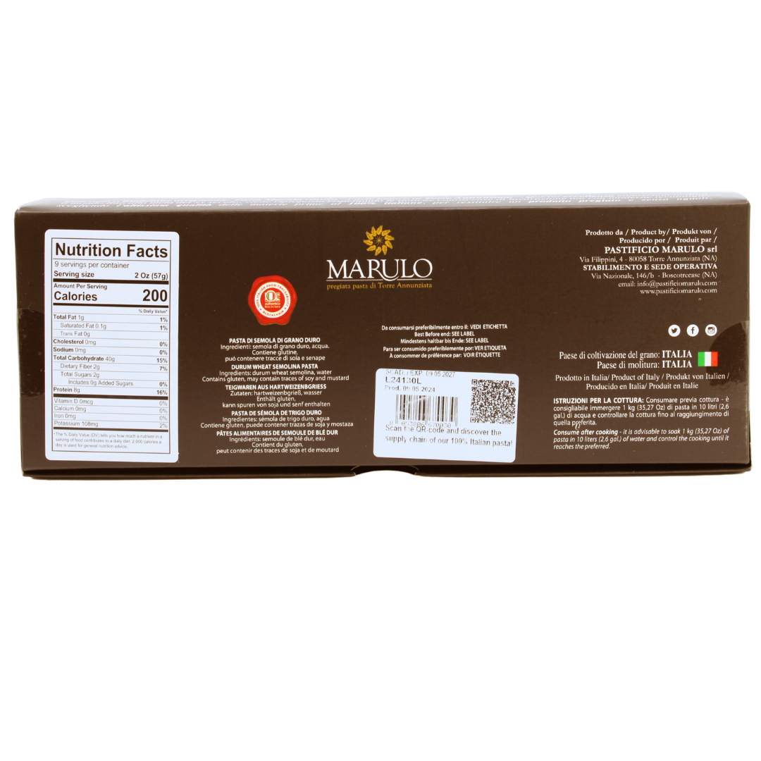 Luxury box of Marulo Tagliatelle artisan pasta, 500g. Authentic Italian pasta from Torre Annunziata, bronze die cut, made with 100% Italian durum wheat semolina and slowly dried up to 48 hours. Traditional gourmet pasta ideal for premium recipes and gifts.