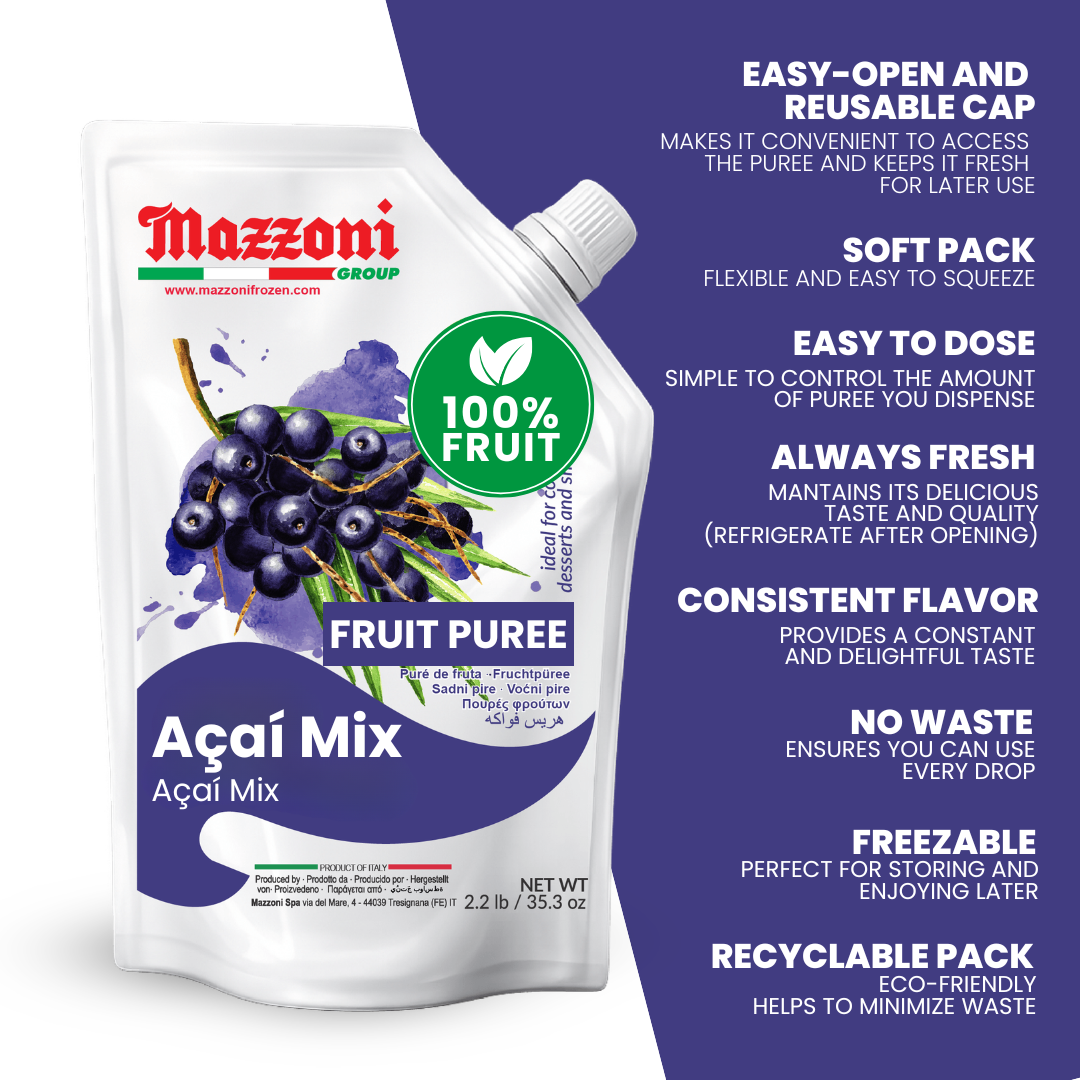 MAZZONI ACAI MIX FRUIT PUREE POUCH SHOWING NUTRITION FACTS, INGREDIENTS, AND PRODUCT INFORMATION