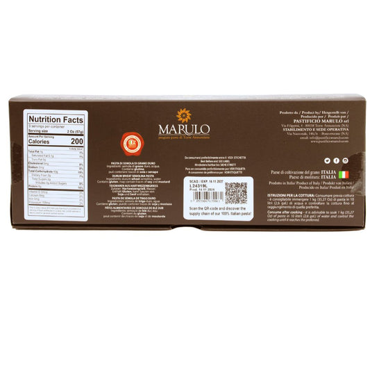 Back of a Marulo package with nutrition facts label and branding.