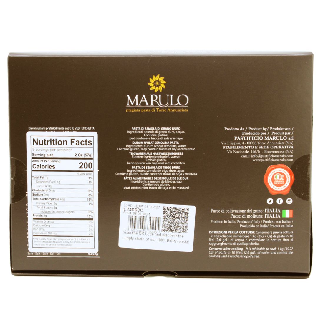 Back of a Marulo product packaging with nutrition facts and branding details.