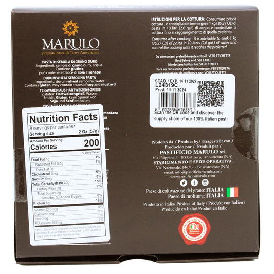 Back of a Marulo pasta box with nutrition facts label and product details.