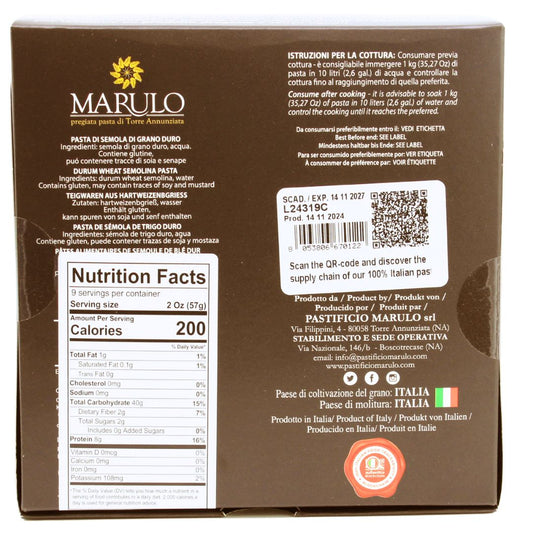 Back of a Marulo pasta box with nutrition facts label and QR code.