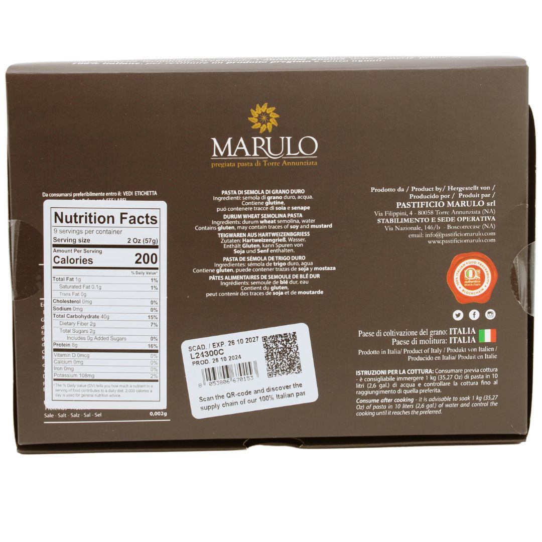 Back of a Marulo pasta box with nutrition facts label and branding.