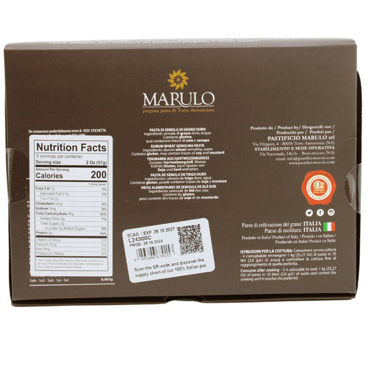 Back of a Marulo pasta box with nutrition facts label and branding.
