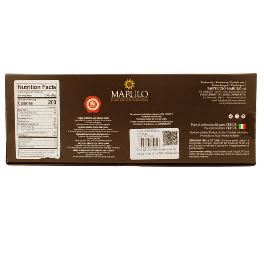Back of a Marulo pasta box with nutrition facts and branding.