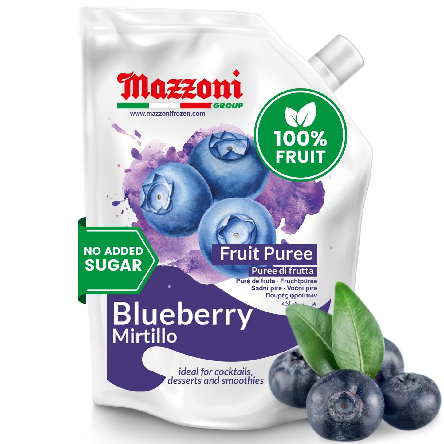 Mazzoni Blueberry Fruit Puree packaging with blueberries on a white background