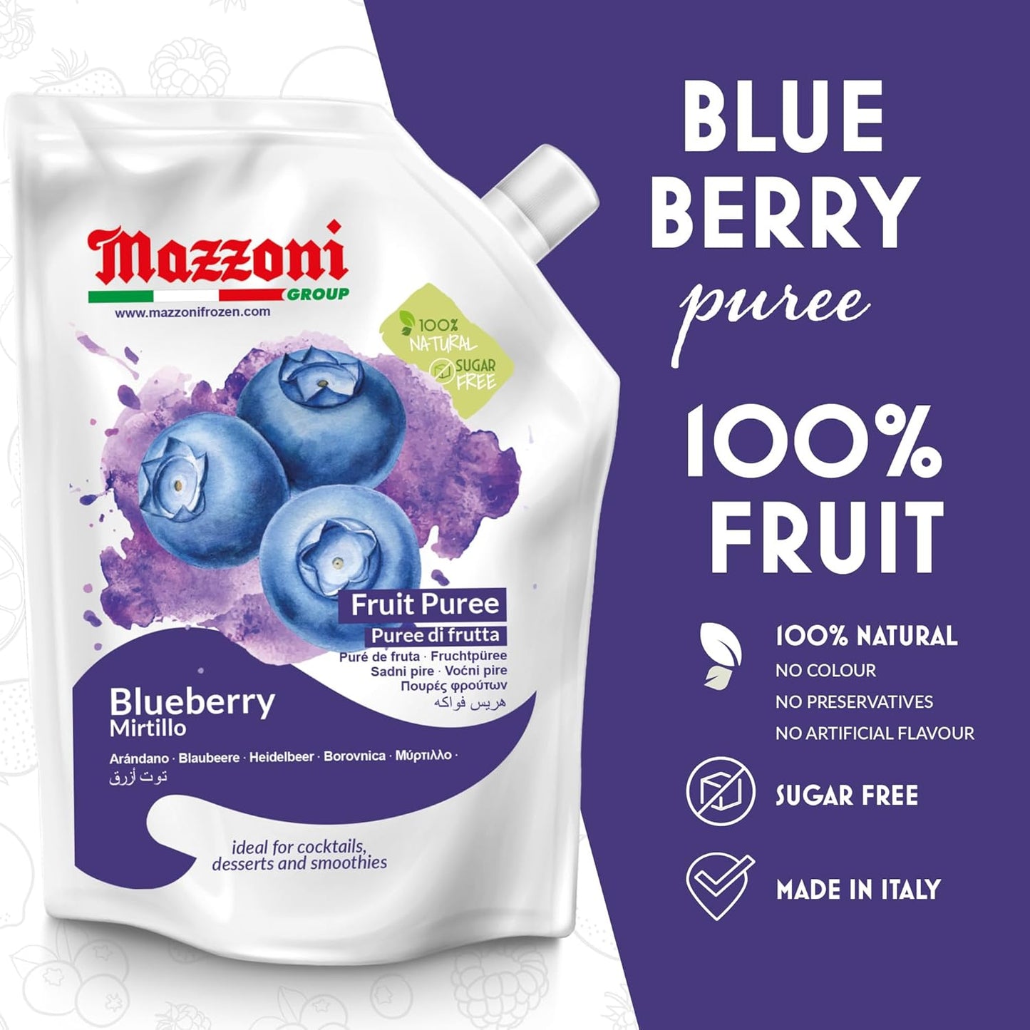 Mazzoni blueberry puree packaging with branding and product details on a white and purple background