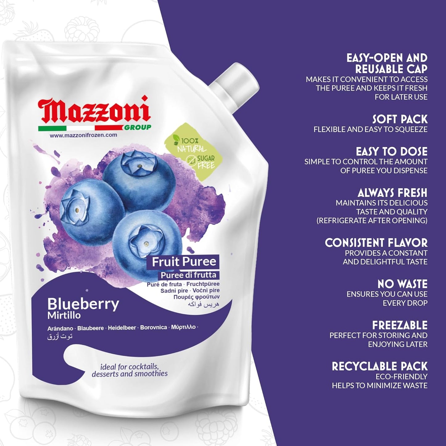 Mazzoni Blueberry Fruit Puree packaging with features listed on a purple background