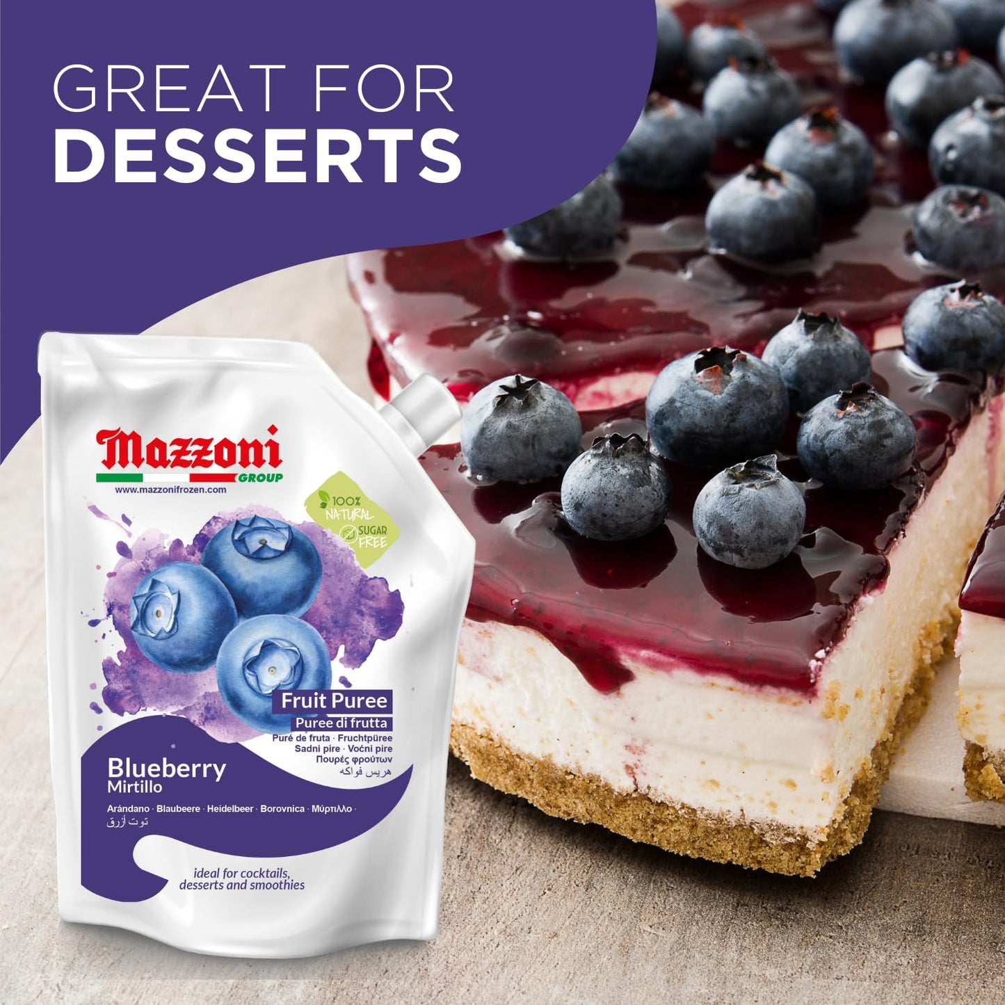 Mazzoni blueberry fruit puree packaging with a dessert featuring blueberries on a wooden board.