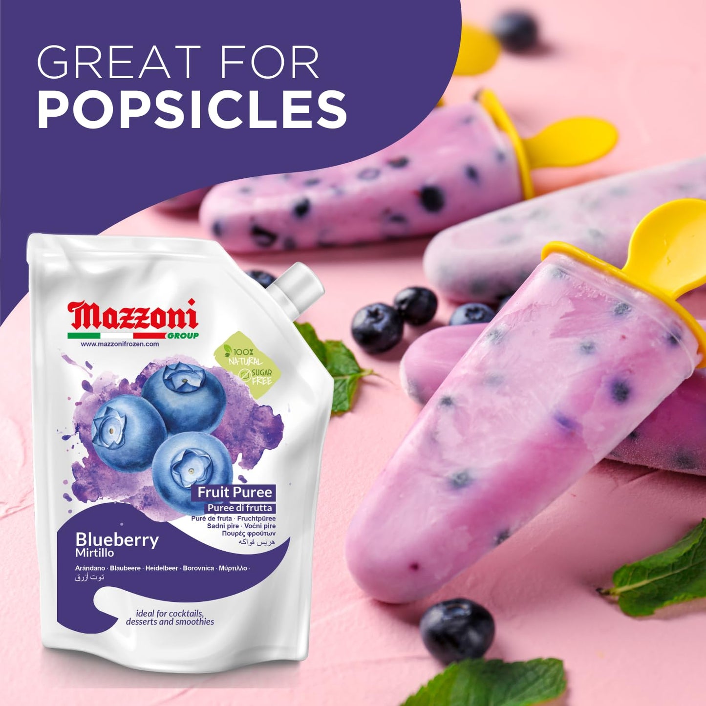 Mazzoni blueberry fruit puree packaging with blueberry popsicles on a pink background