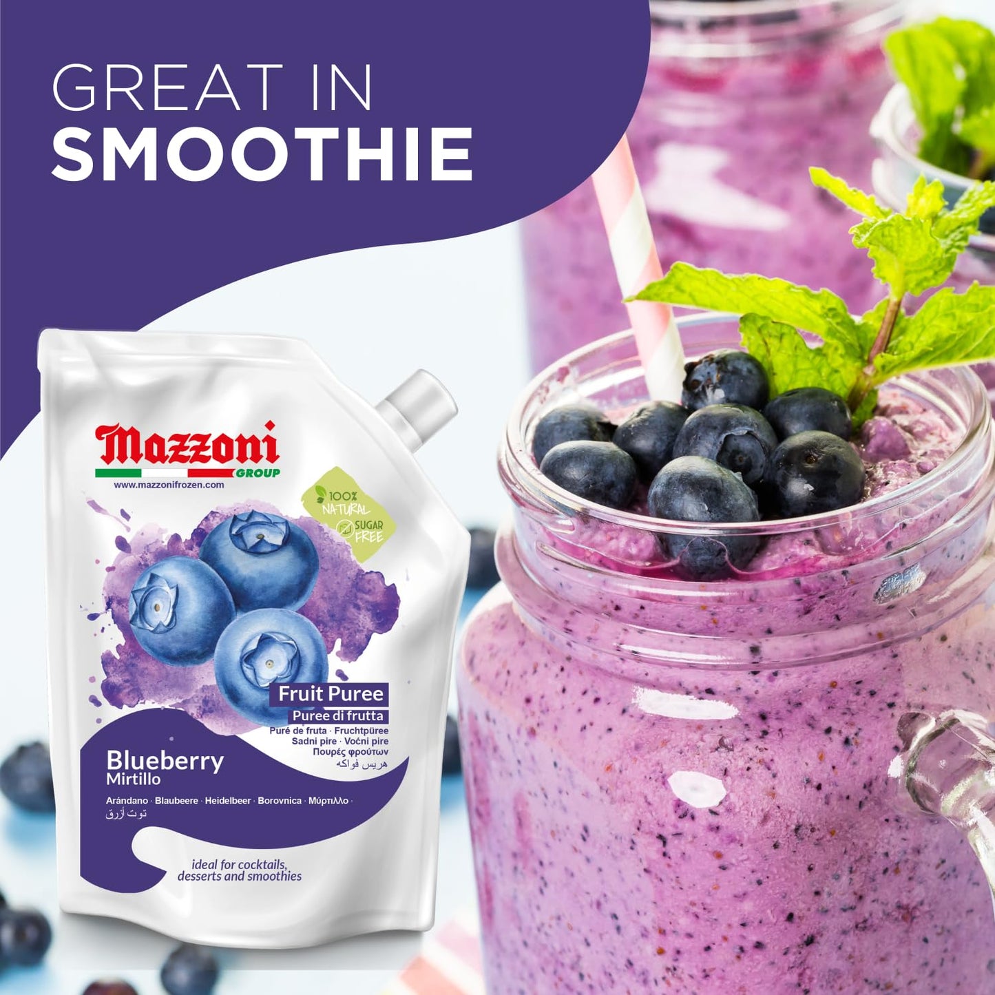 Mazzoni blueberry fruit puree packaging with a smoothie in a jar