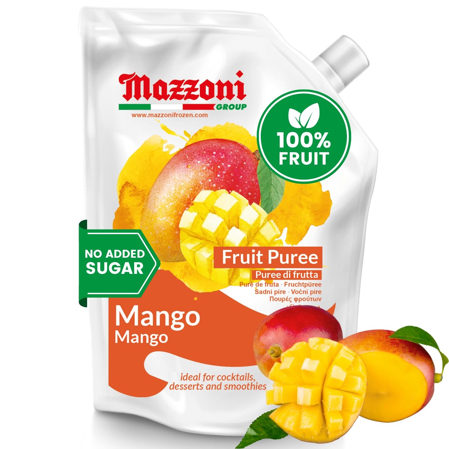 Mazzoni Mango Fruit Puree packaging with mangoes on a white background