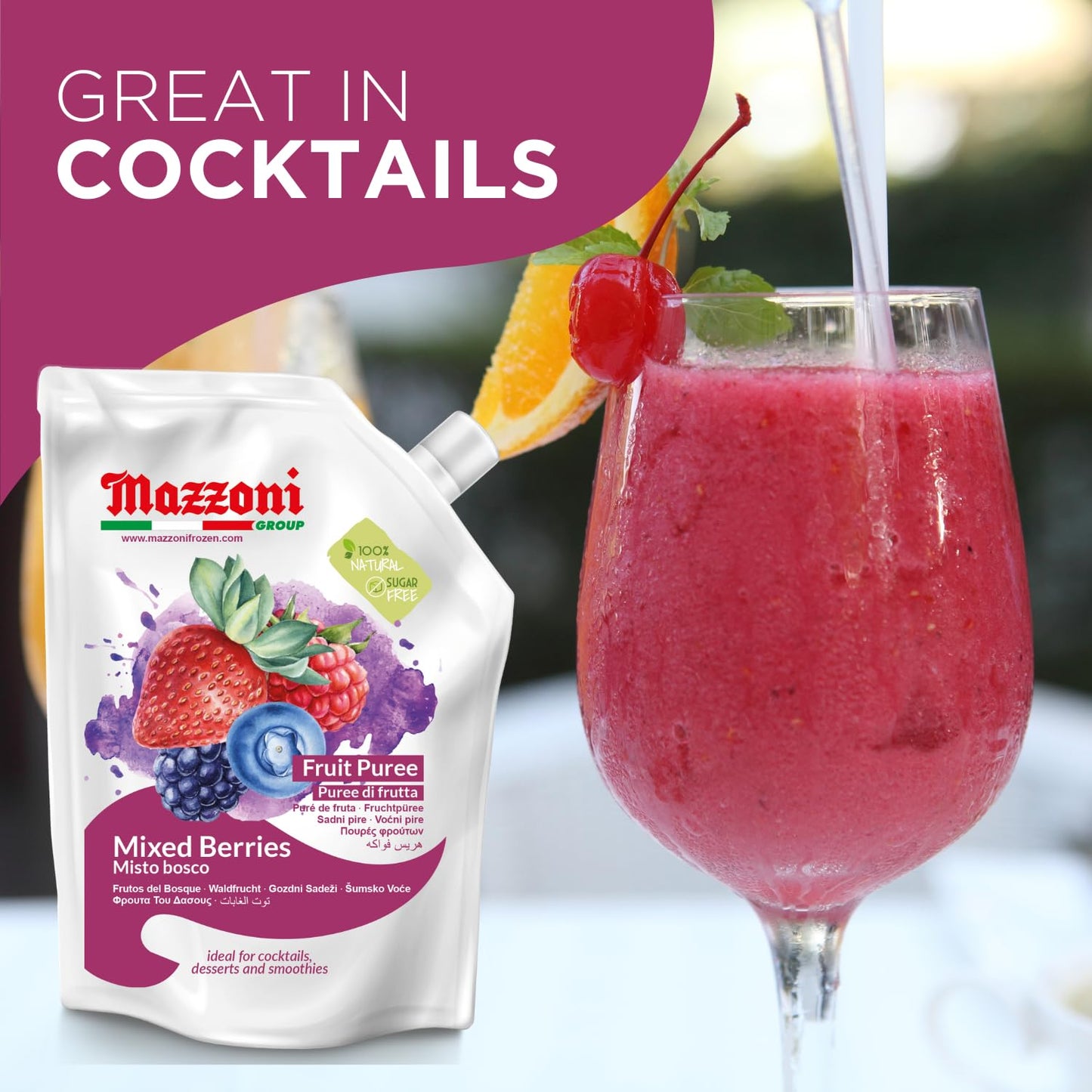 Mazzoni Mixed Berries fruit puree package with a cocktail glass filled with a berry drink.