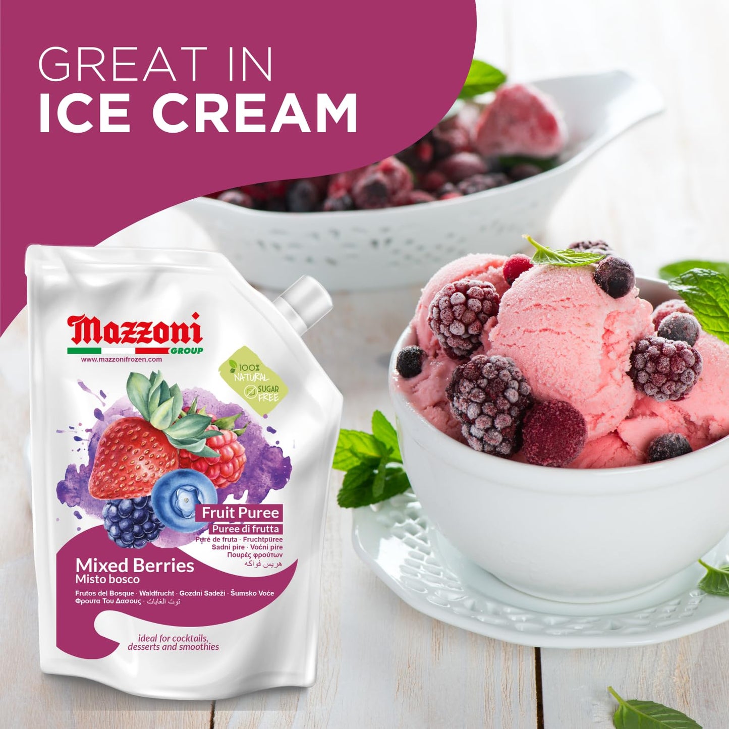 Mazzoni Mixed Berries Fruit Puree packaging with a bowl of ice cream topped with berries.