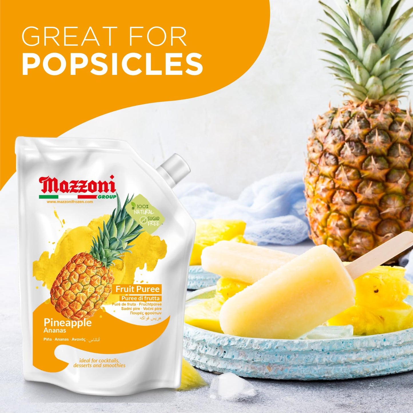 Mazzoni pineapple fruit puree packaging with pineapple-shaped popsicles on a white background