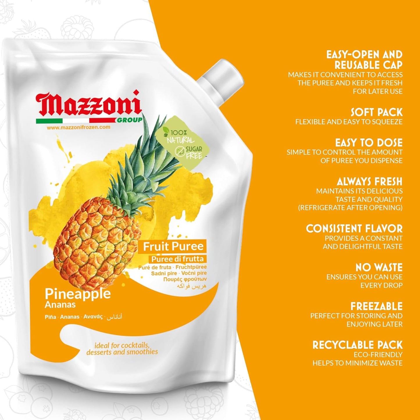 Mazzoni pineapple fruit puree packaging with features listed on an orange background