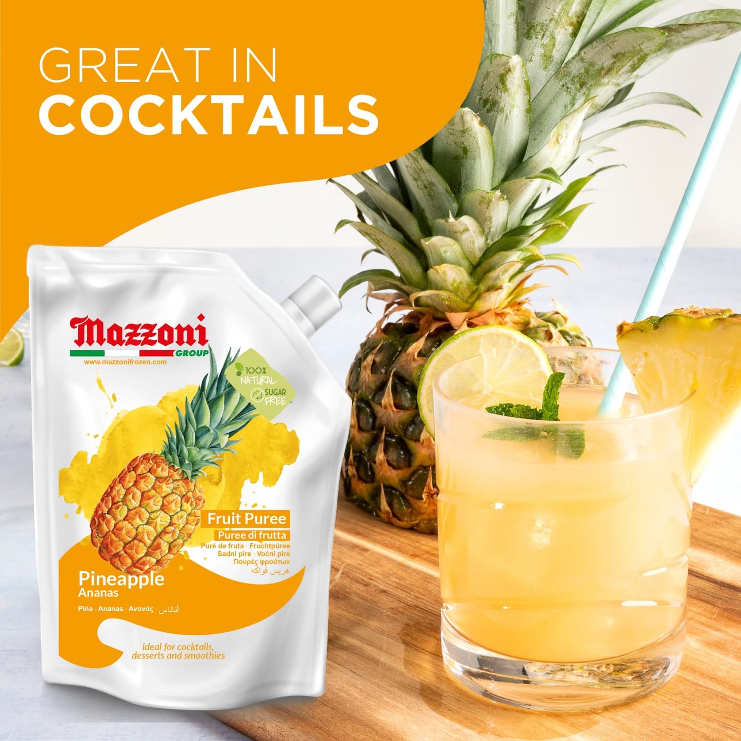 Mazzoni pineapple fruit puree package with a cocktail and pineapple on a wooden surface