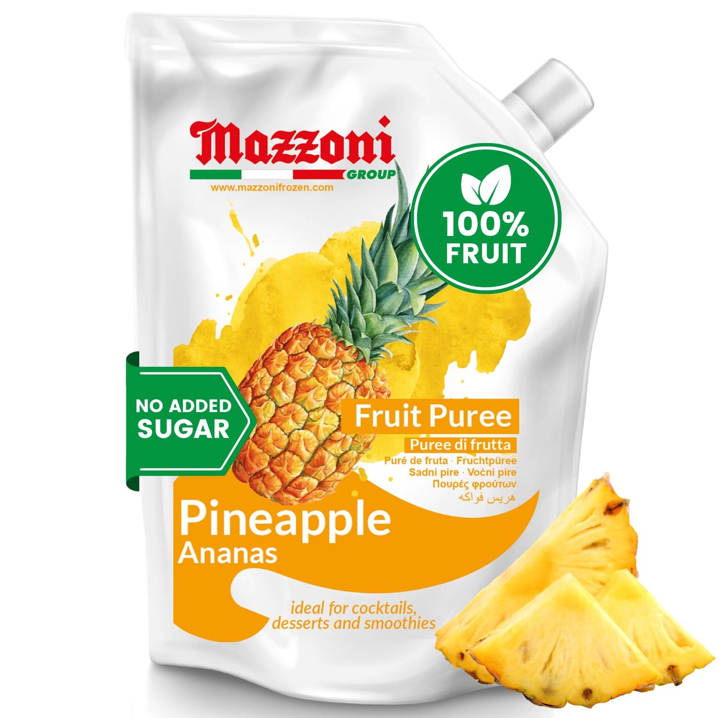 Mazzoni Pineapple Fruit Puree packaging with pineapple slices on a white background