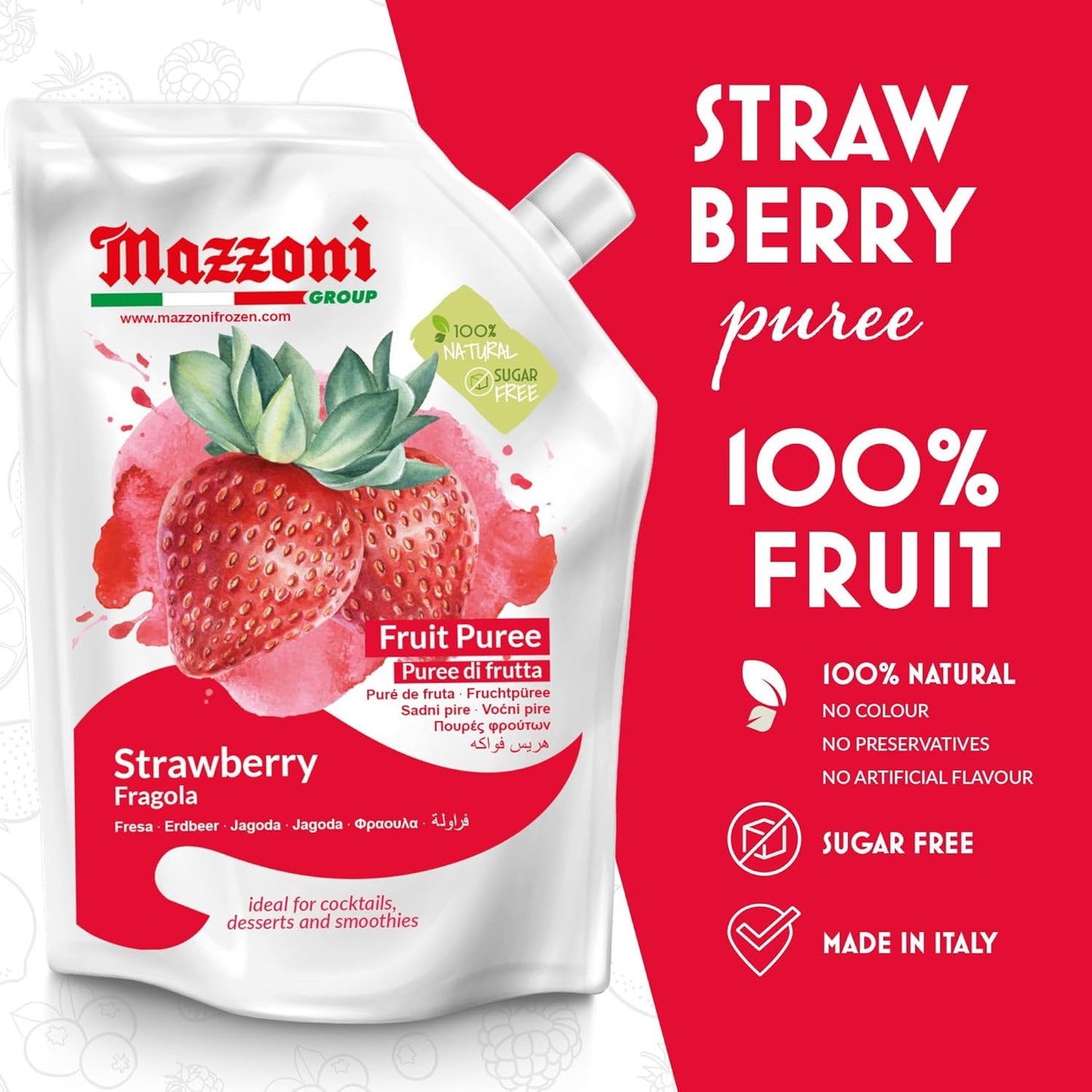 Mazzoni Strawberry Purée pouch, 100% fruit, 1 kg format, featuring fresh strawberries