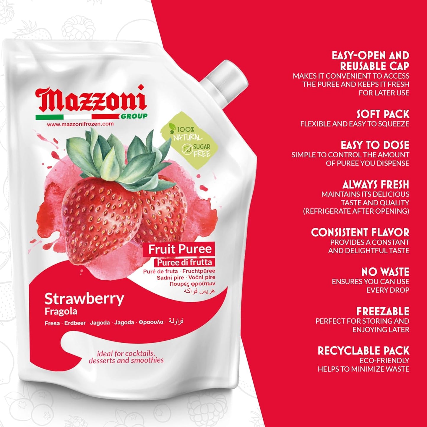 Mazzoni Strawberry Purée pouch, 100% fruit, 1 kg format, featuring fresh strawberries