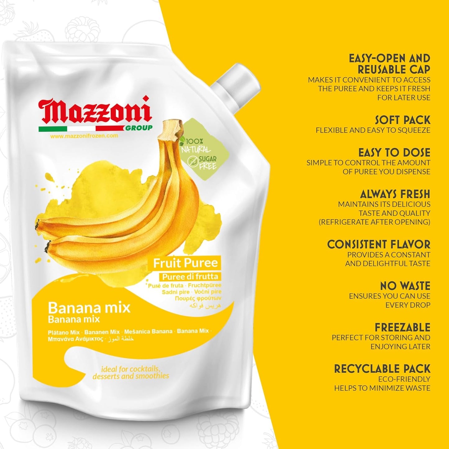 Mazzoni banana fruit puree packaging with features listed on a yellow background