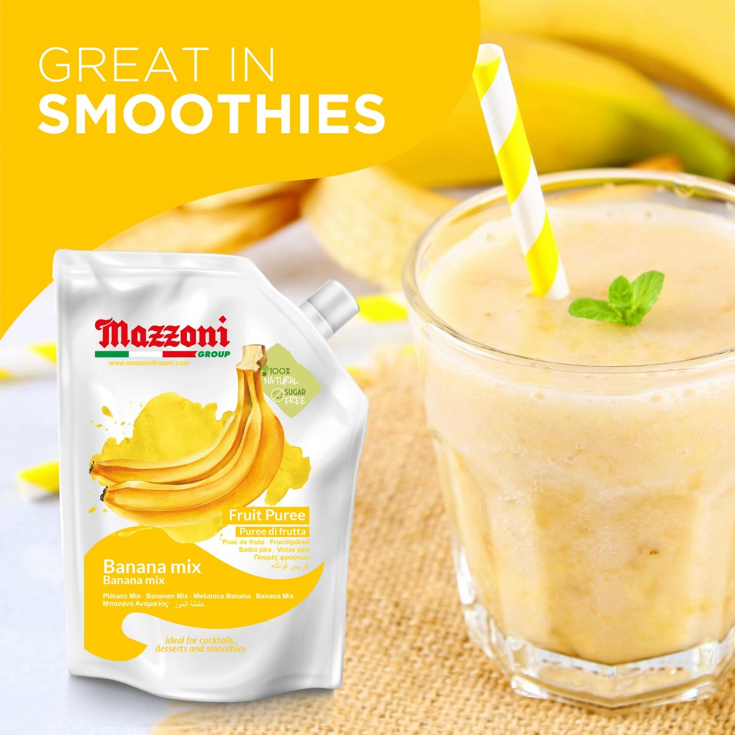 Mazzoni banana fruit puree pack with a smoothie and bananas in the background
