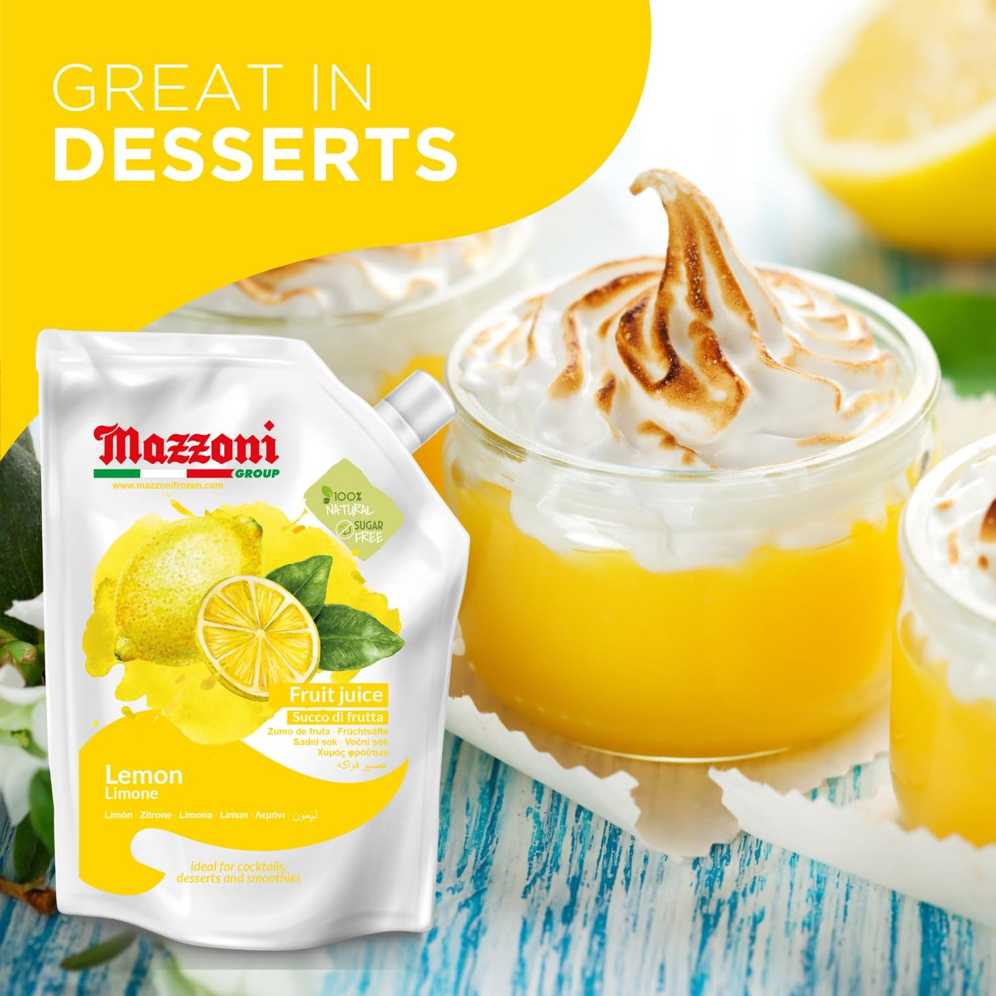 Mazzoni lemon juice pack with dessert featuring lemon curd and whipped cream.