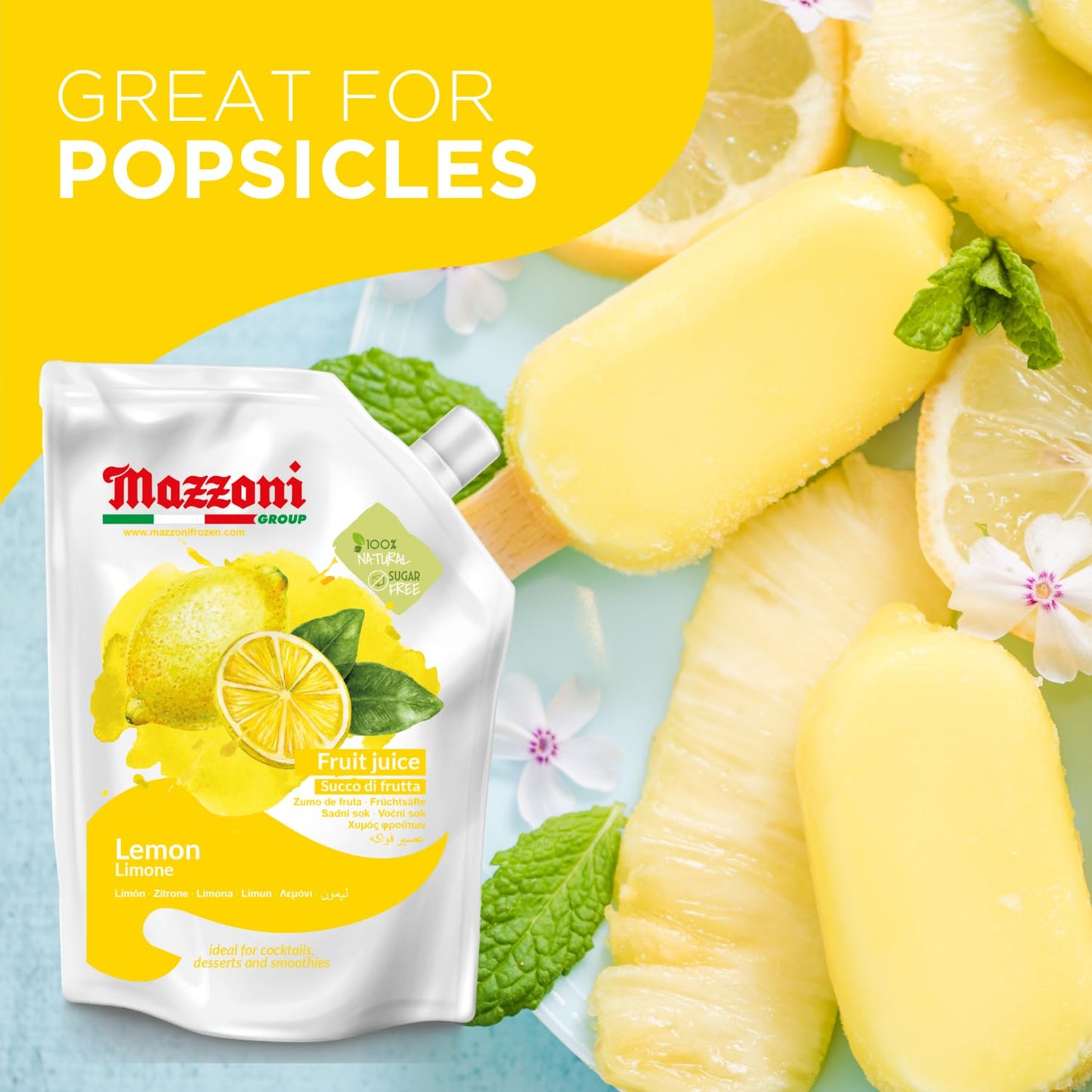 Mazzoni lemon-lime juice pouch with lemon slices and popsicles on a colorful background