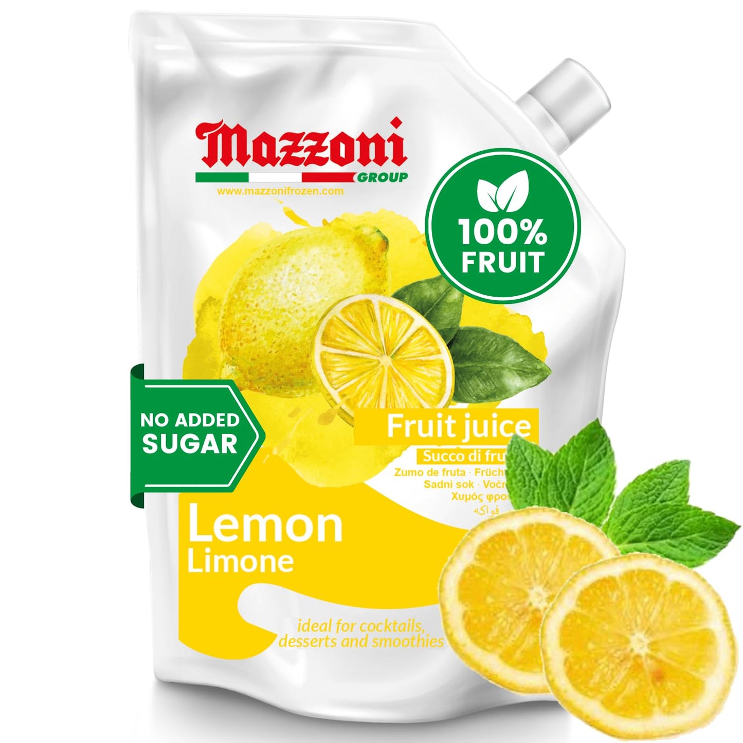 Mazzoni lemon juice pouch with lemon slices and green leaves on a white background