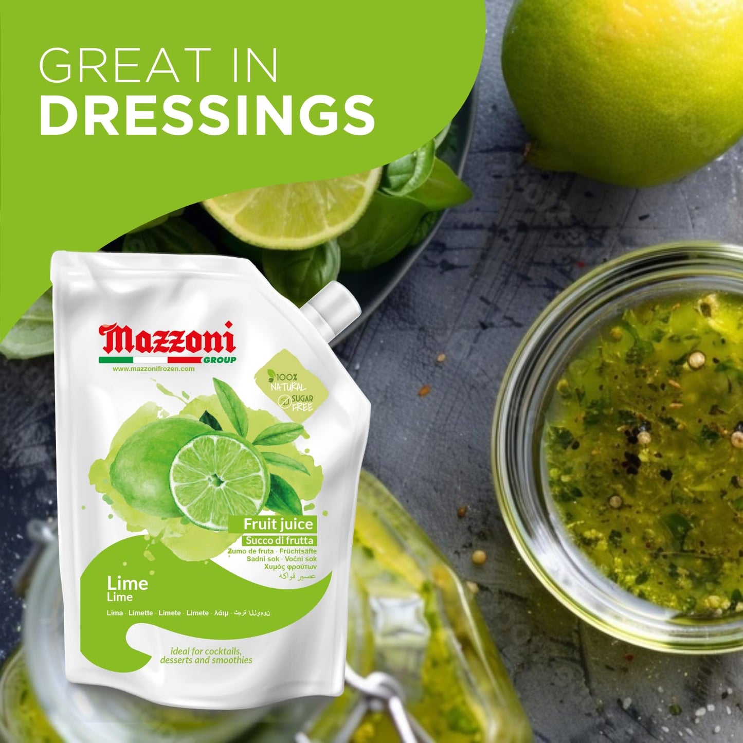 Mazzoni lime juice pouch with a bowl of lime juice dressing on a gray surface.