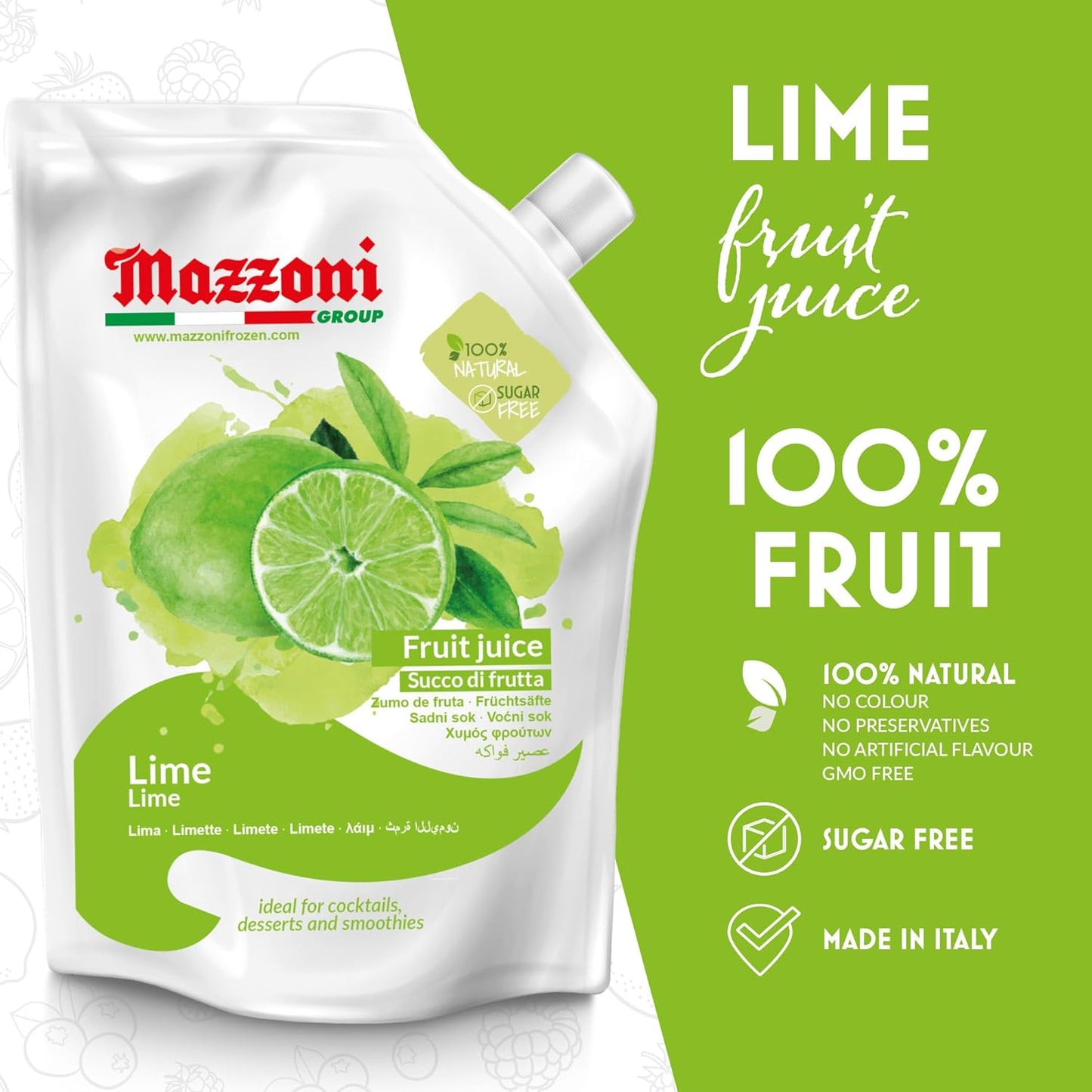 Mazzoni lime fruit juice packaging with green and white design