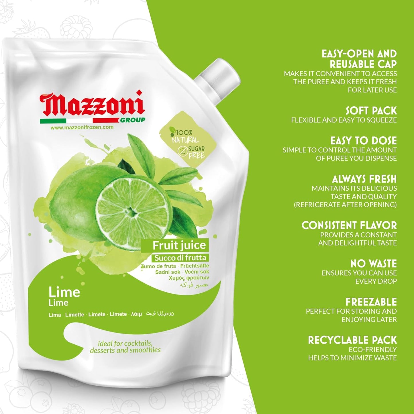 Mazzoni lime juice pouch with features listed on a green background