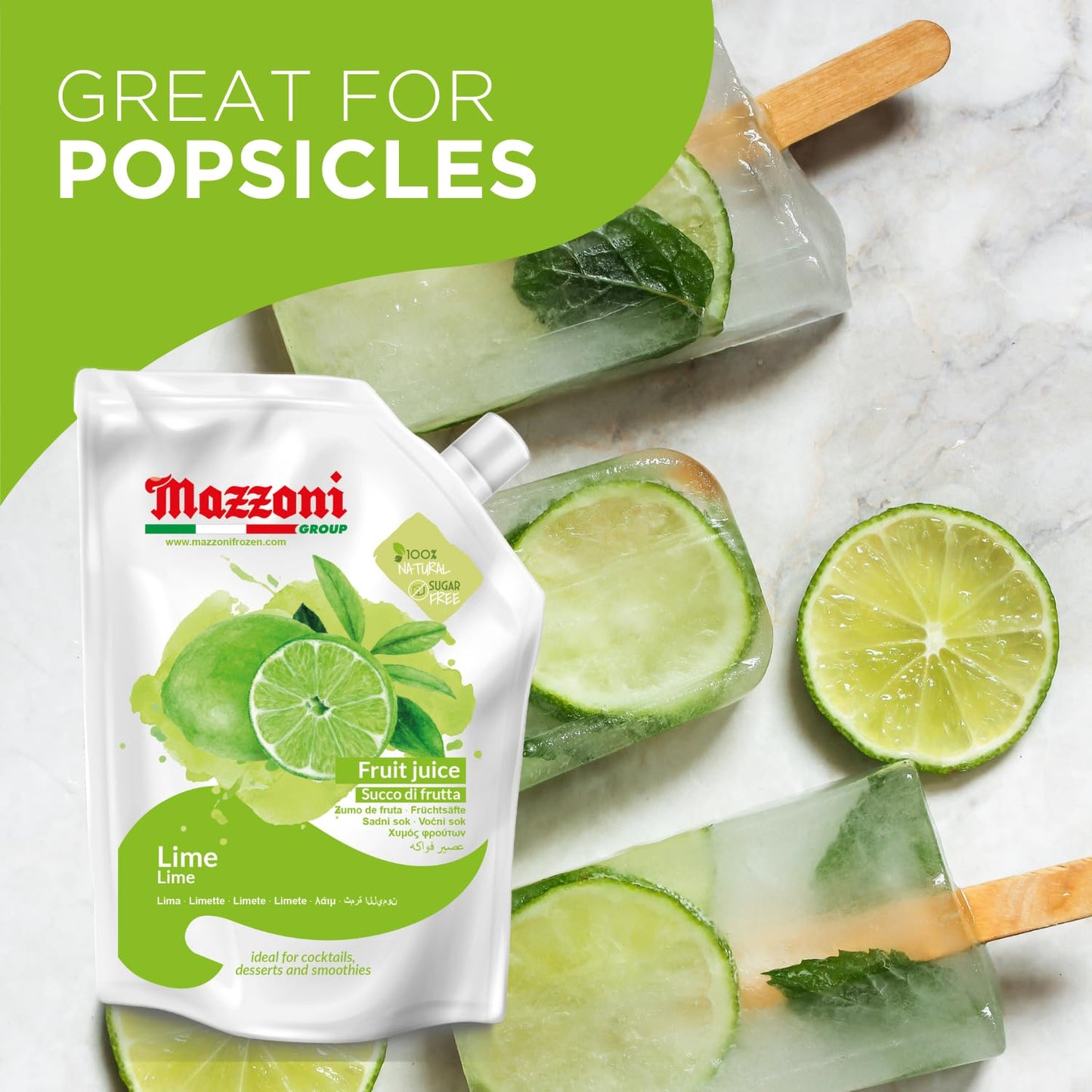 Mazzoni lime juice pouch with lime slices and popsicles on a marble surface
