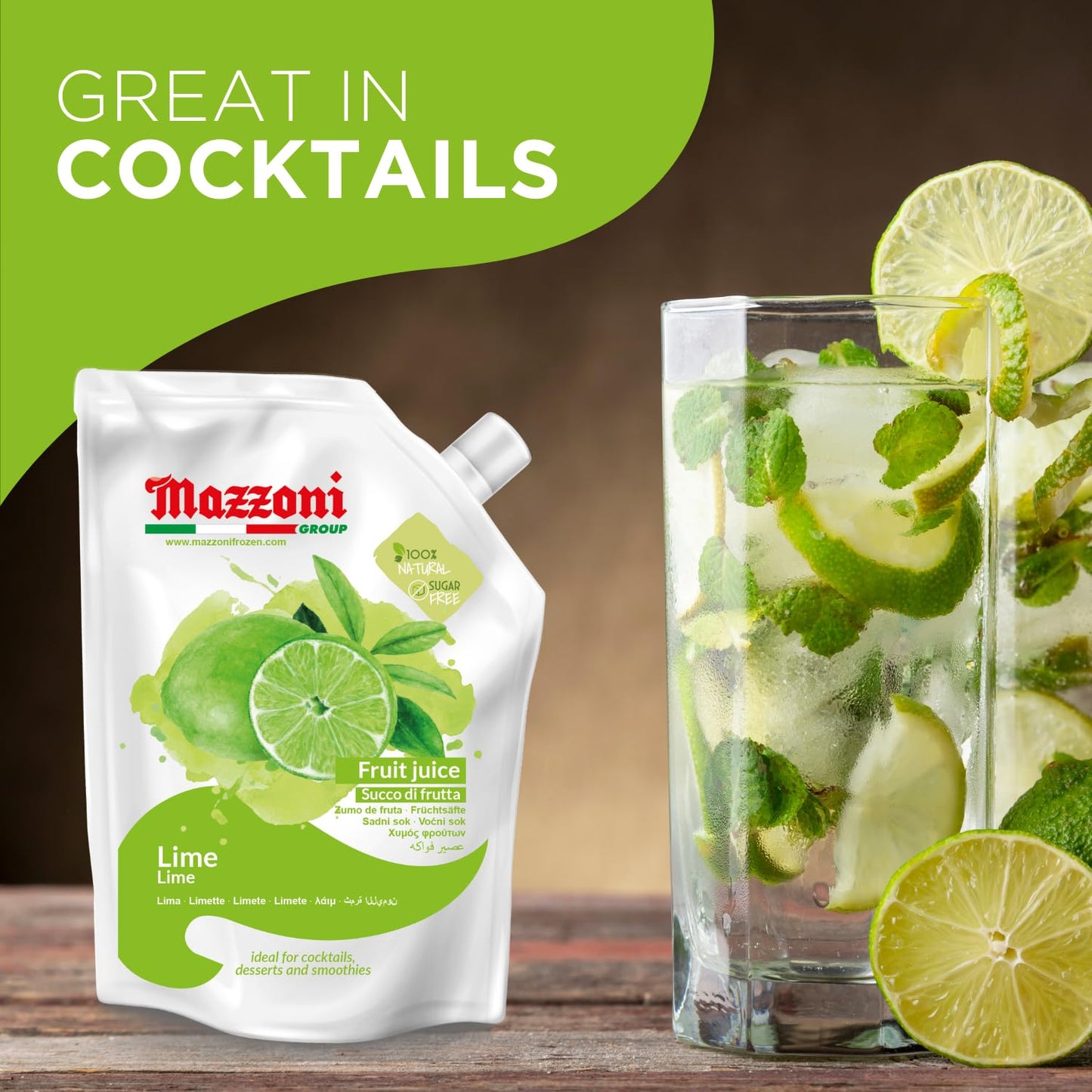 Mazzoni lime juice pouch with a cocktail glass filled with lime slices and ice.