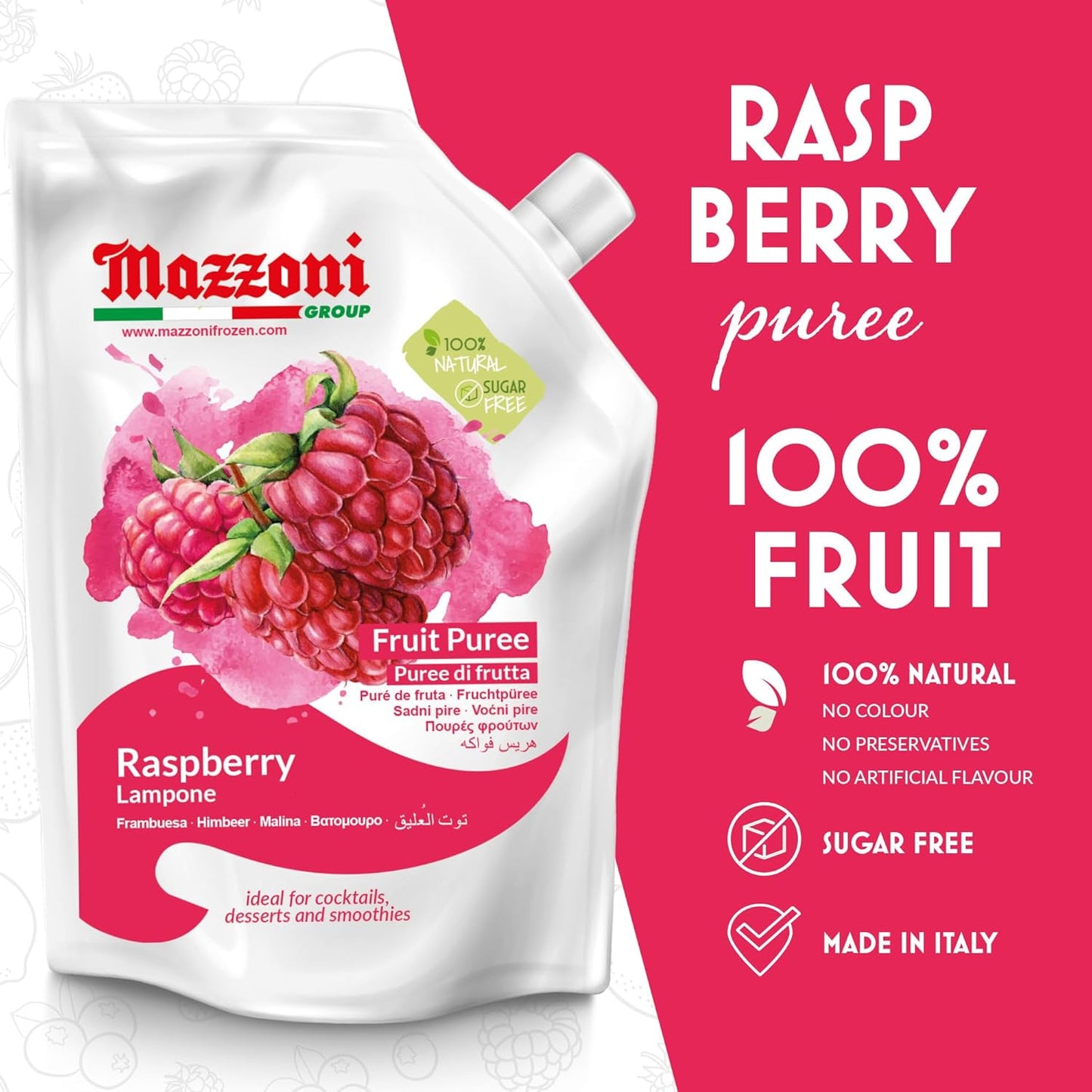 Mazzoni raspberry puree packaging with product details on a pink background
