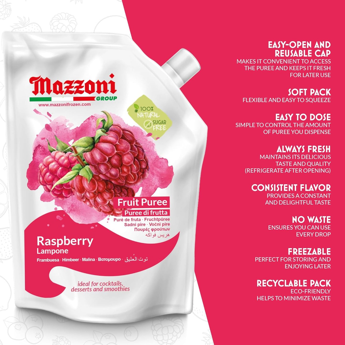 Mazzoni Raspberry Fruit Puree packaging with features listed on a pink background