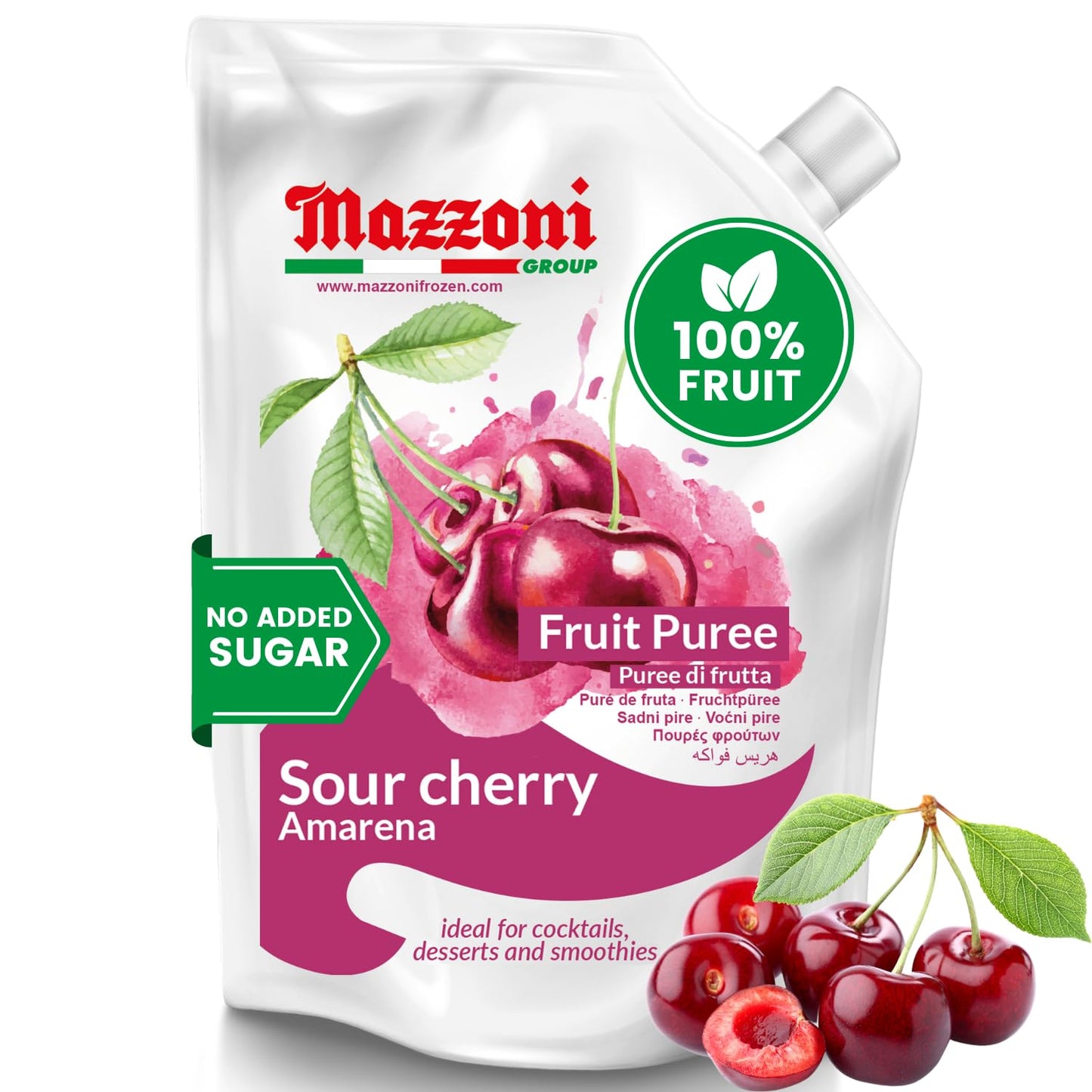 Mazzoni sour cherry fruit puree packaging with cherries on a white background