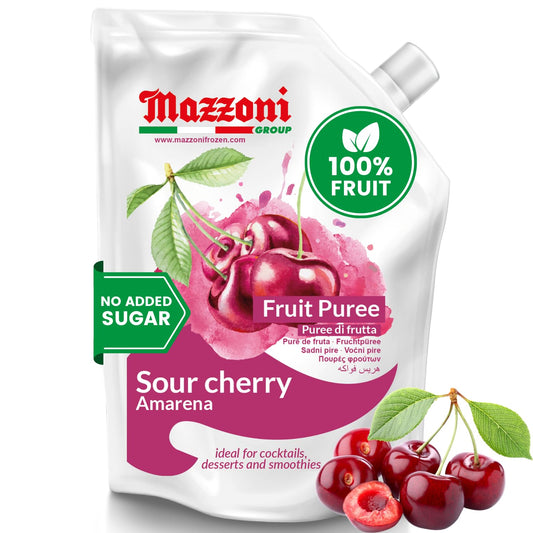 Mazzoni sour cherry fruit puree packaging with cherries on a white background