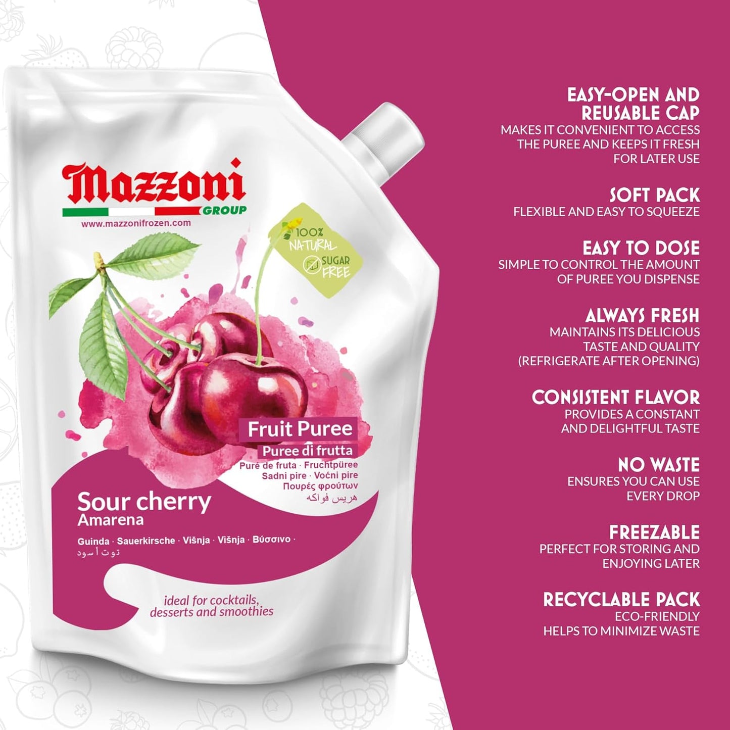 Mazzoni Sour Cherry Fruit Puree packaging with features listed on a pink background