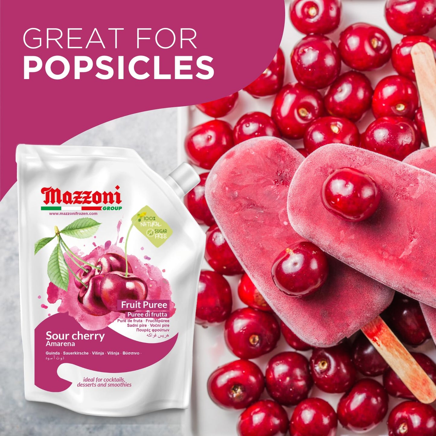 Mazzoni sour cherry fruit puree packaging with cherry popsicles and cherries on a pink background