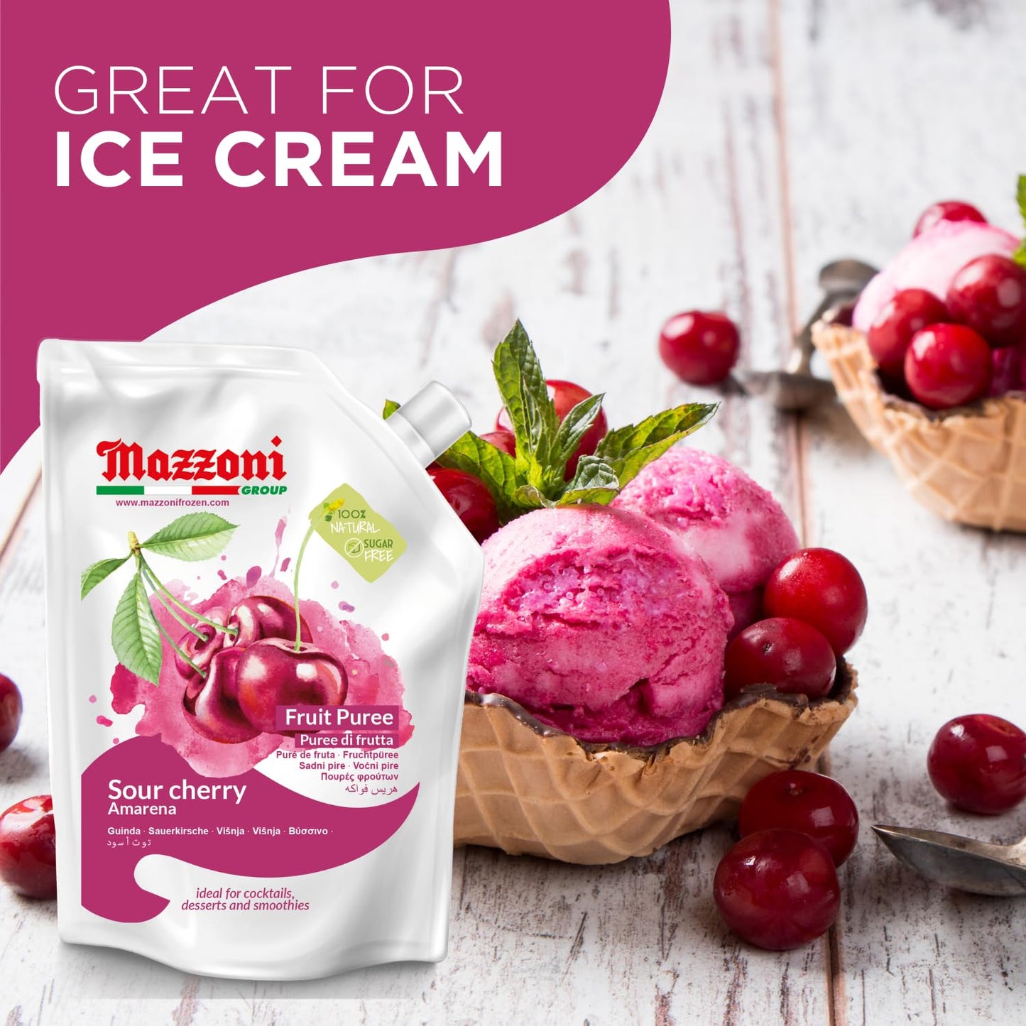 Mazzoni sour cherry fruit puree packaging with ice cream and cherries on a wooden surface